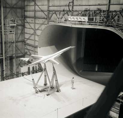 A model of a supersonic transport is tested in a wind tunnel at NASA’s Langley Research Center in July 1973. Credit: NASA